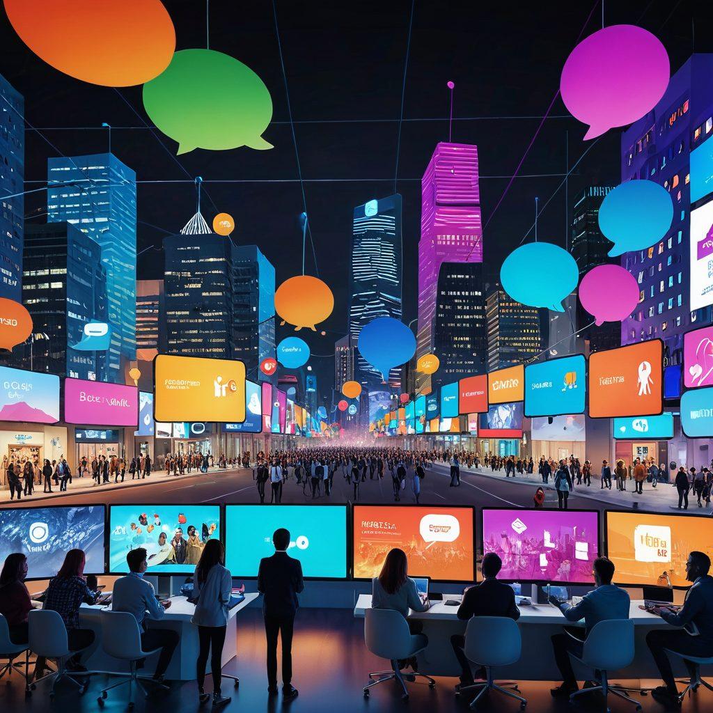 A vibrant digital landscape showcasing diverse people engaged in multimedia communication, such as video calls, chat rooms, and social media interactions. Illustrate a sense of community with colorful speech bubbles and multimedia elements like video screens and social icons. Include a backdrop of a stylized cityscape representing a connected world. Emphasize warmth and inclusion through bright colors and dynamic expressions. super-realistic. vibrant colors. 3D.
