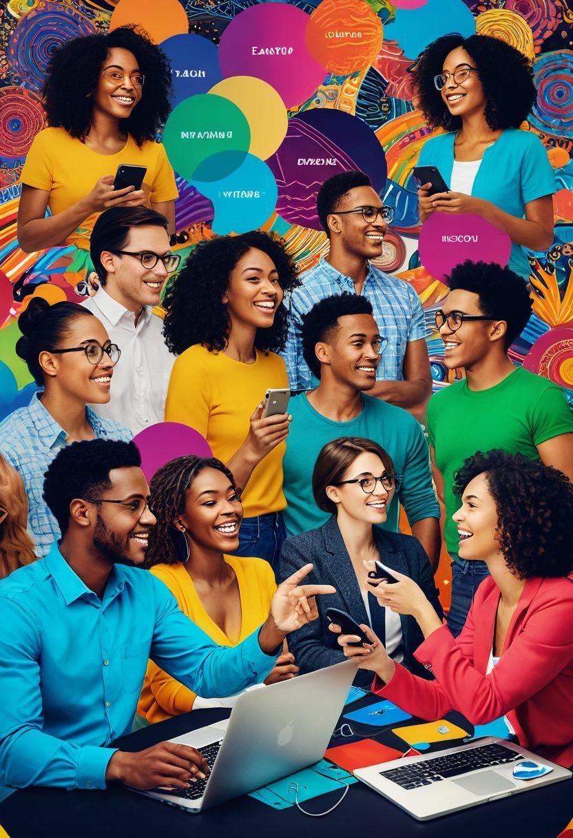 A vibrant digital collage showcasing various multimedia elements such as videos, images, audio waves, and text bubbles intertwined to represent the dynamic nature of social networking. Include diverse people interacting with these elements on their devices, symbolizing connection and engagement. Bright colors and modern interfaces should dominate the scene to reflect the excitement of online interactions. super-realistic. vibrant colors. digital art.