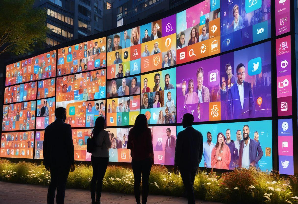A diverse group of people gathered around a large digital screen displaying various communication platforms, such as social media feeds and chat apps. They are actively discussing and collaborating, with colorful graphs and icons floating in the air, symbolizing innovative strategies for community engagement. The backdrop features a lively urban setting, blending technology with community spirit. vibrant colors. super-realistic. 3D.